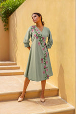 Pista green embroidered cotton wrap on dress