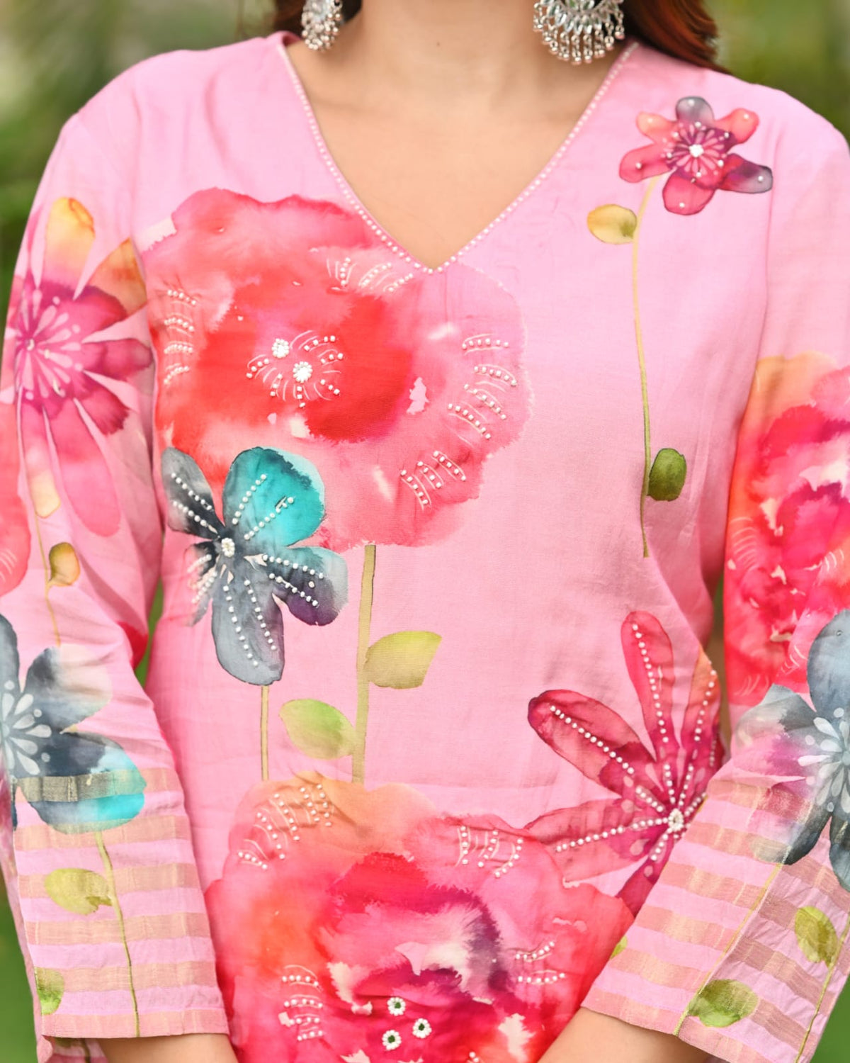 Gaji silk lakri patta floral suit set in pink