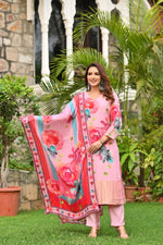 Gaji silk lakri patta floral suit set in pink