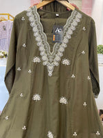 V Neck Pure cotton fully embroidered full suit set in Green