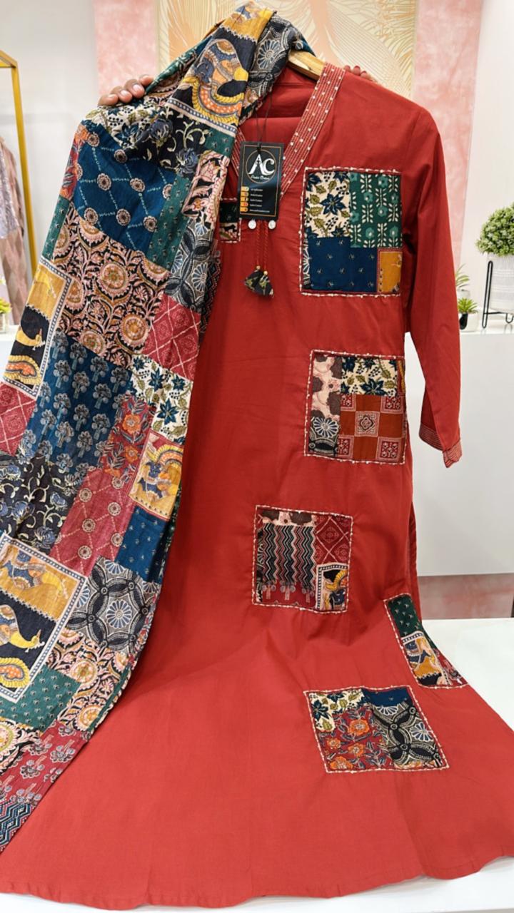 Cotton ajrakh red full suit set