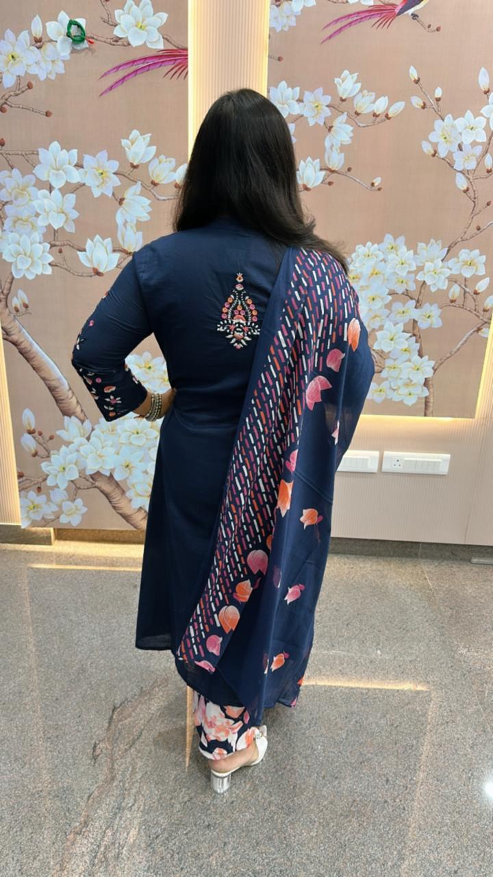 Pure cotton designer back and hand embroidered full suit in blue