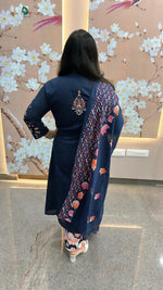Pure cotton designer back and hand embroidered full suit in blue