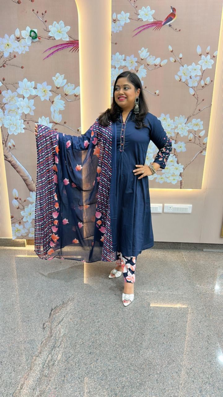 Pure cotton designer back and hand embroidered full suit in blue