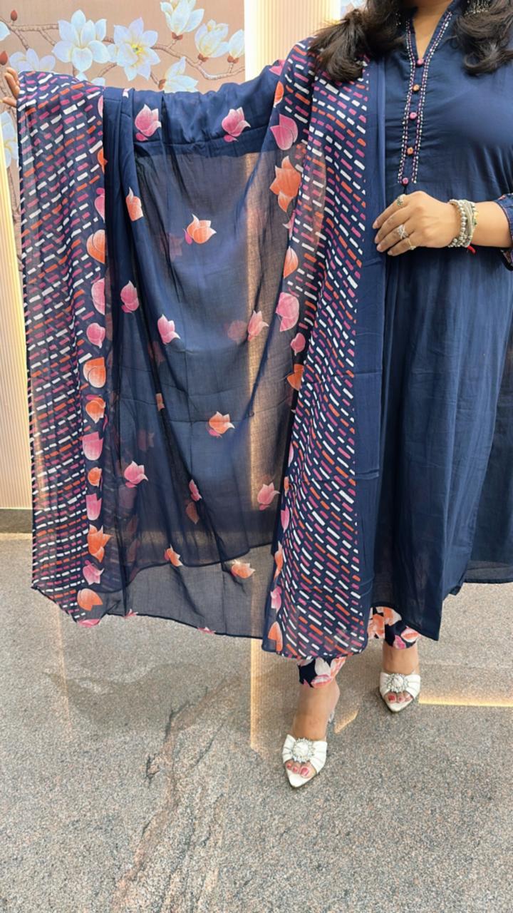 Pure cotton designer back and hand embroidered full suit in blue