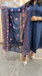 Pure cotton designer back and hand embroidered full suit in blue