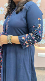 Pure cotton designer back and hand embroidered full suit in blue