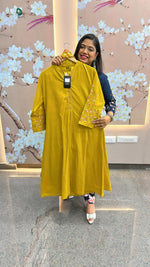 Pure cotton designer back and hand embroidered full suit in yellow