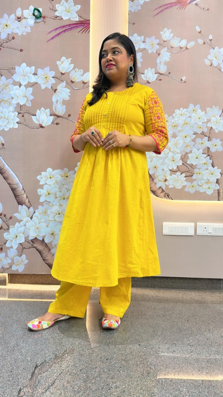 Designer sleeves yellow super soft cotton kurta pant