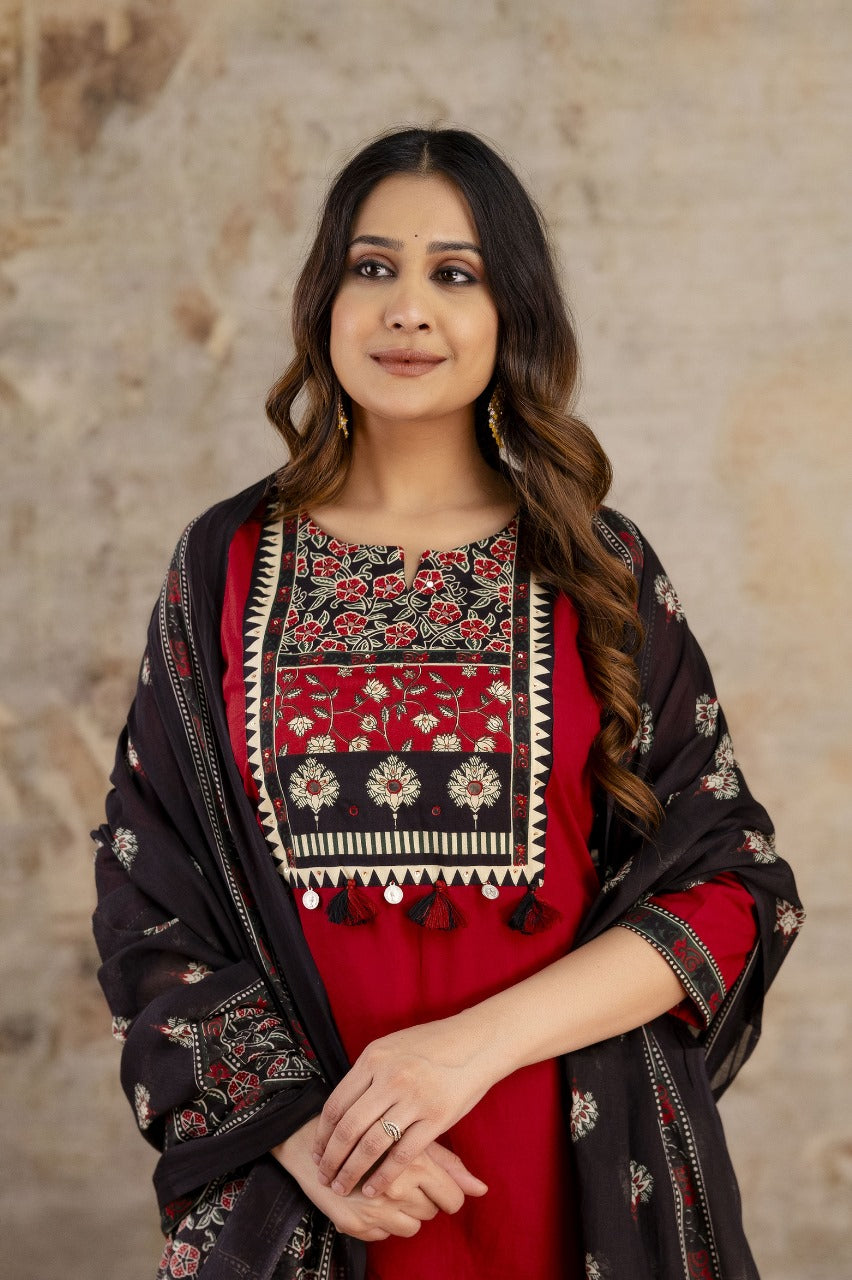 Pure cotton smart suit set in red