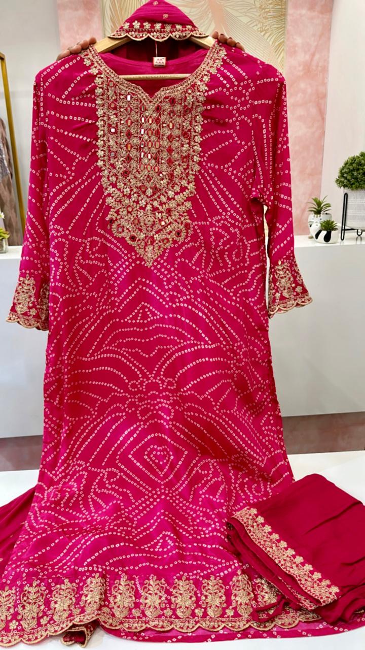 Pink pure bandhani Zari detailing pure crepe suit set