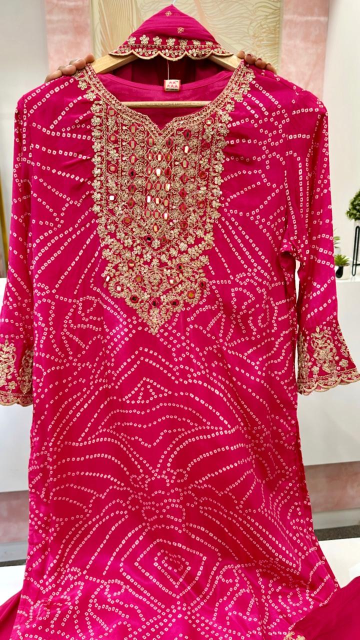 Pink pure bandhani Zari detailing pure crepe suit set