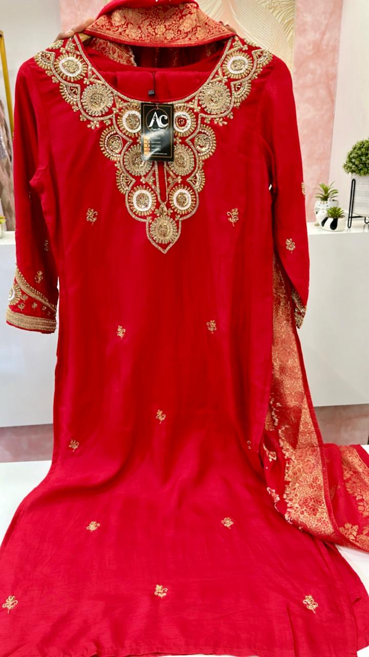 Dola silk Zari detailing Banarasi suit set red 