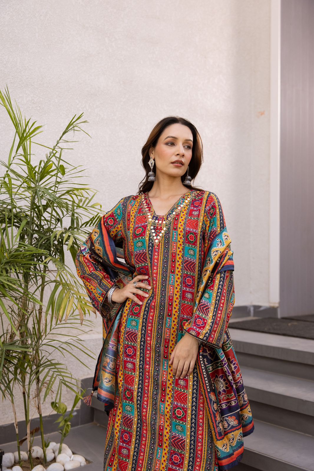 Heavy rayon V neck kurta paired with skirt palazzo