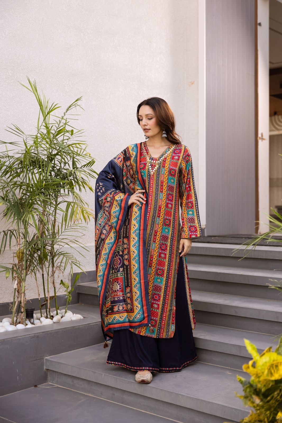 Heavy rayon V neck kurta paired with skirt palazzo