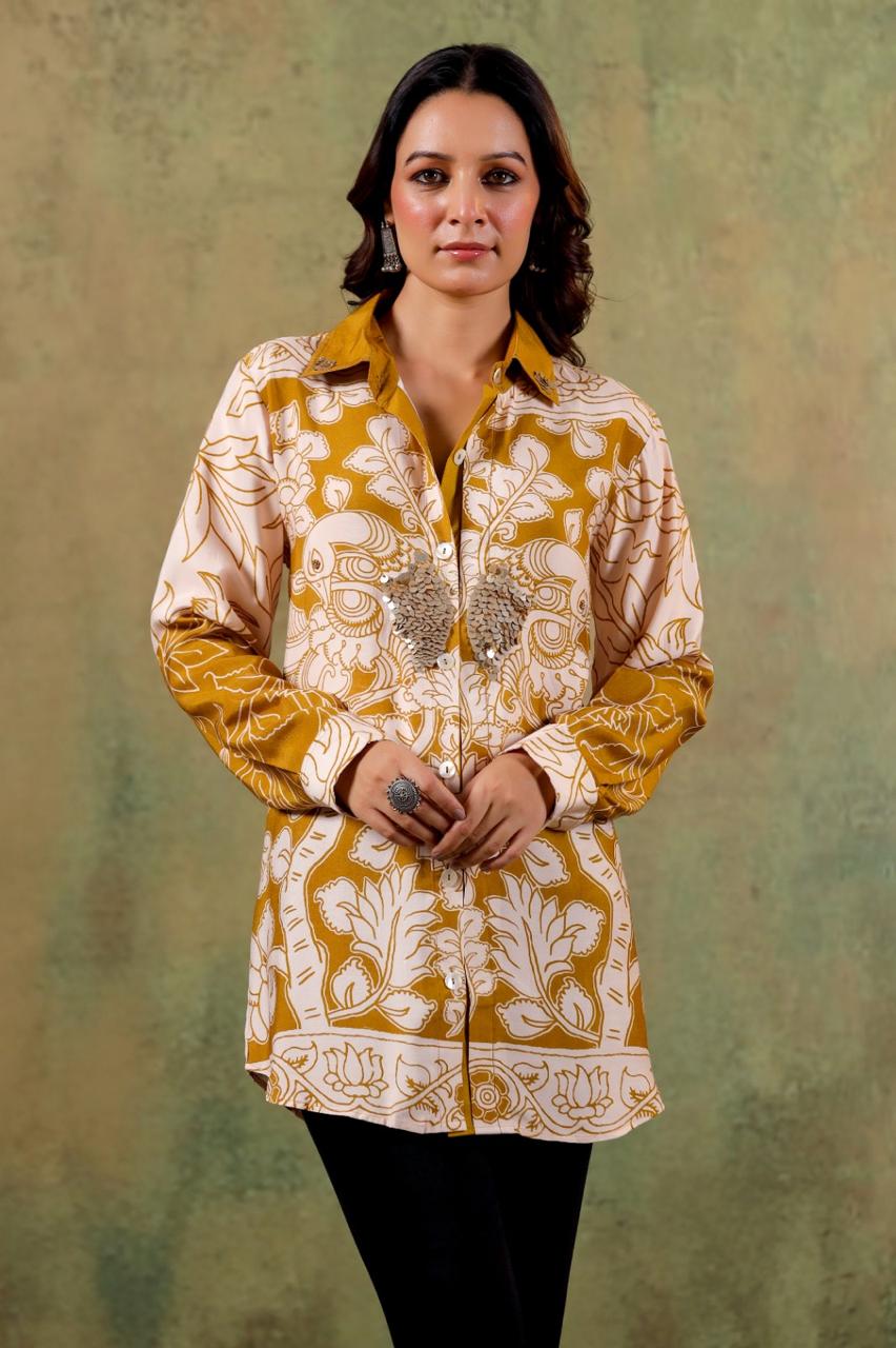 Pure crepe embellished shirt in yellow