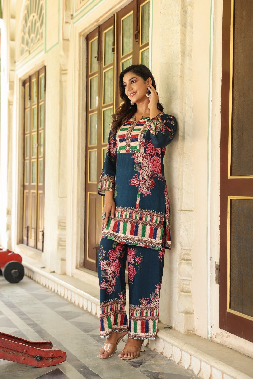 Mul silk digital printed with pretty hand work on yoke co ord