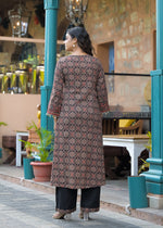 Smart cotton ajrakh beautifully embellished suit set in black