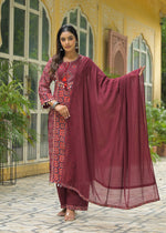 Smart cotton ajrakh beautifully embellished suit set in red