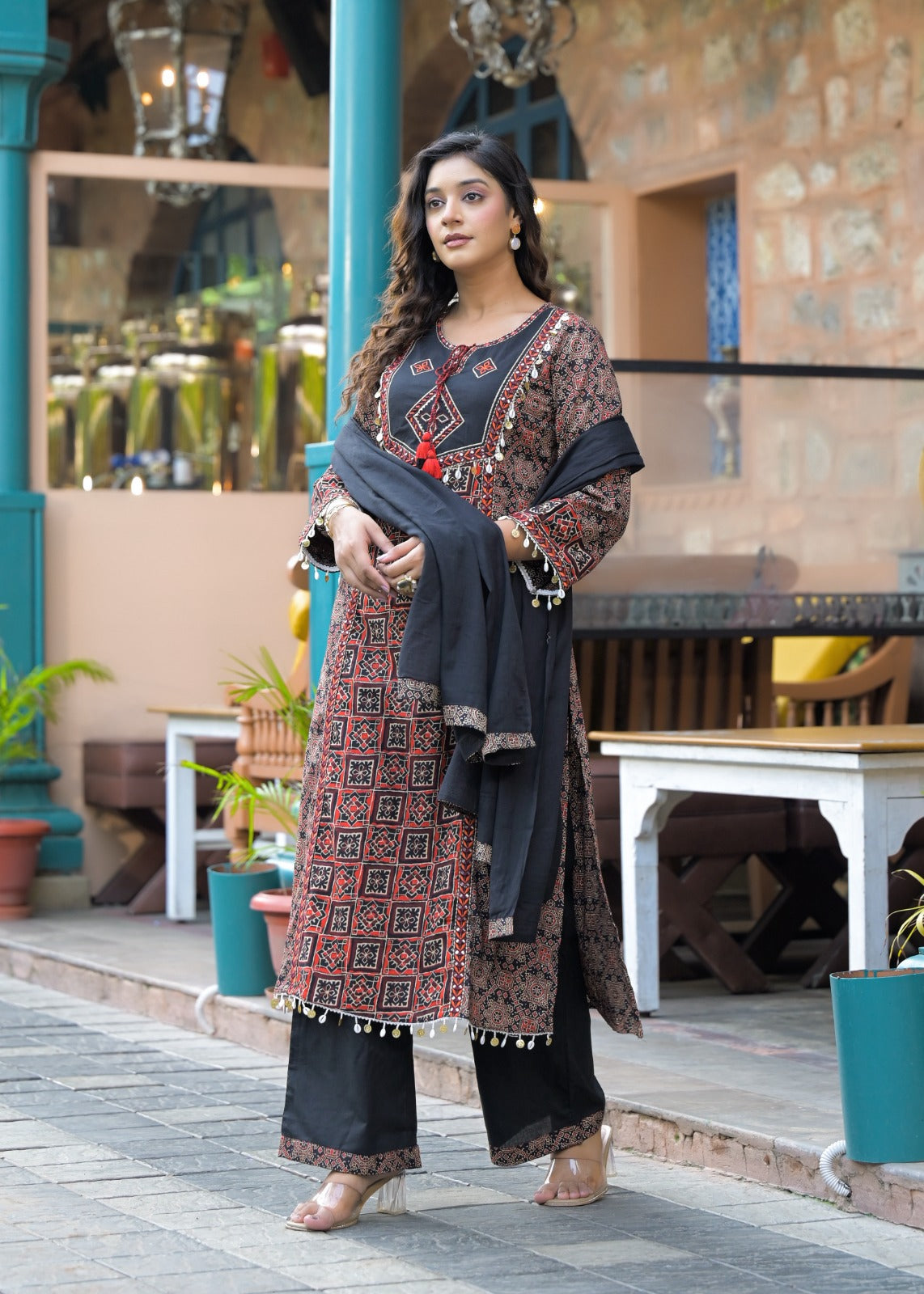 Smart cotton ajrakh beautifully embellished suit set in black