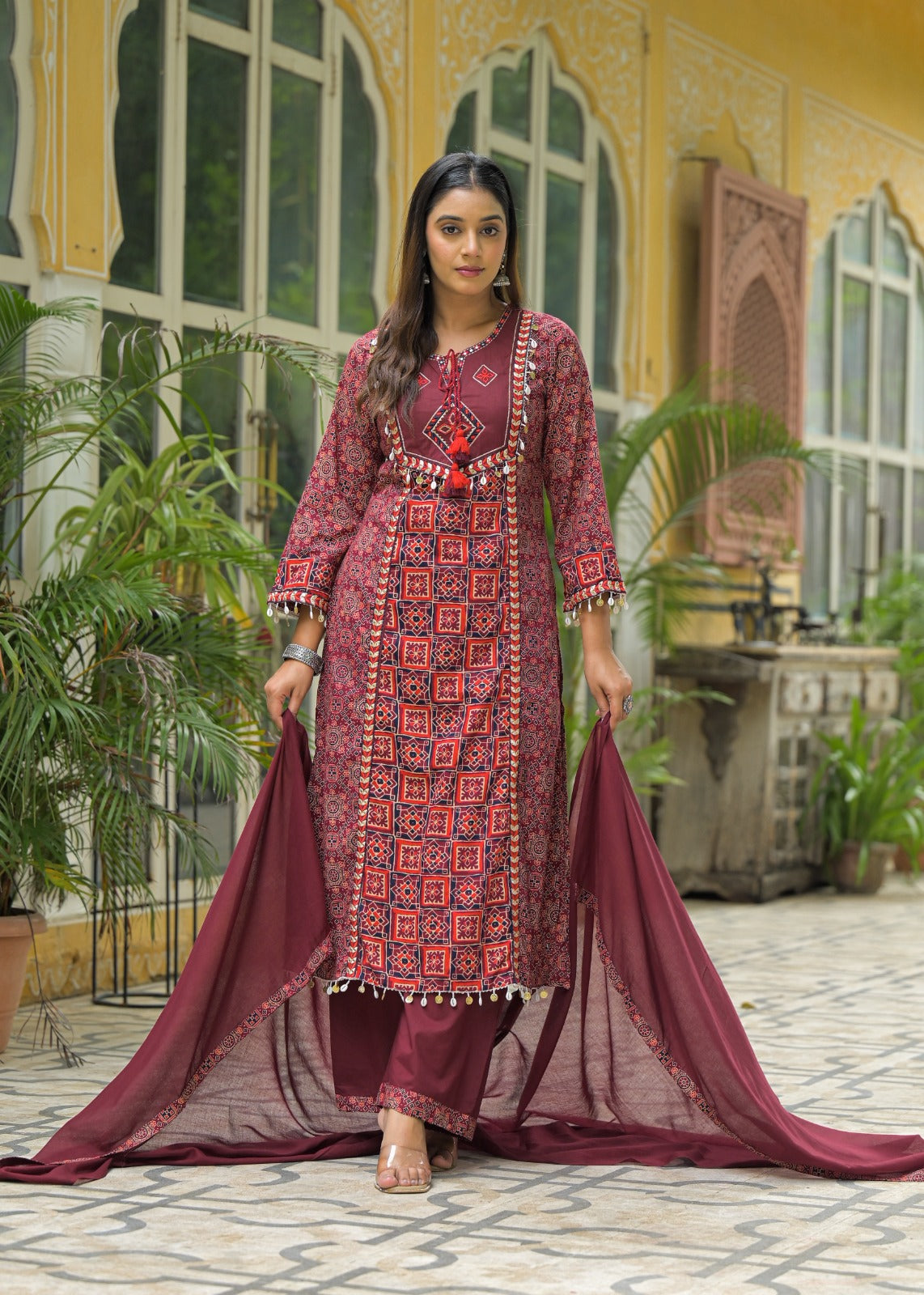 Smart cotton ajrakh beautifully embellished suit set in red
