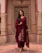 Smart appliqué work Mul Chanderi suit set