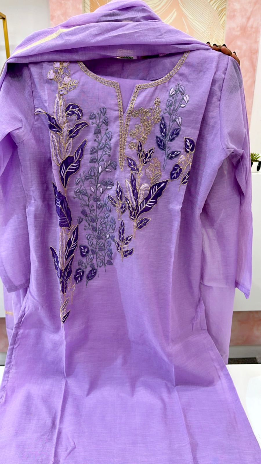 Premium Mul Chanderi appliqué work suit