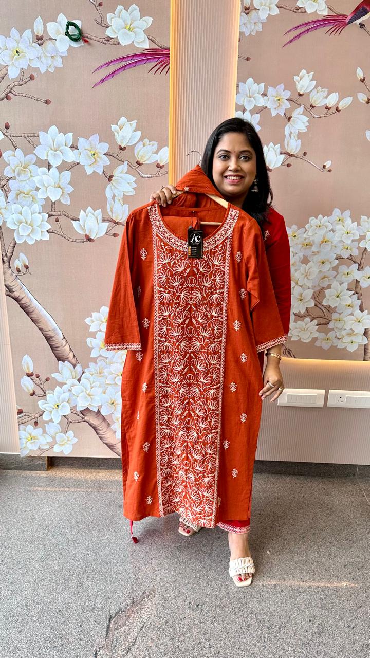 Pretty pure cotton embroidered full suit in rust