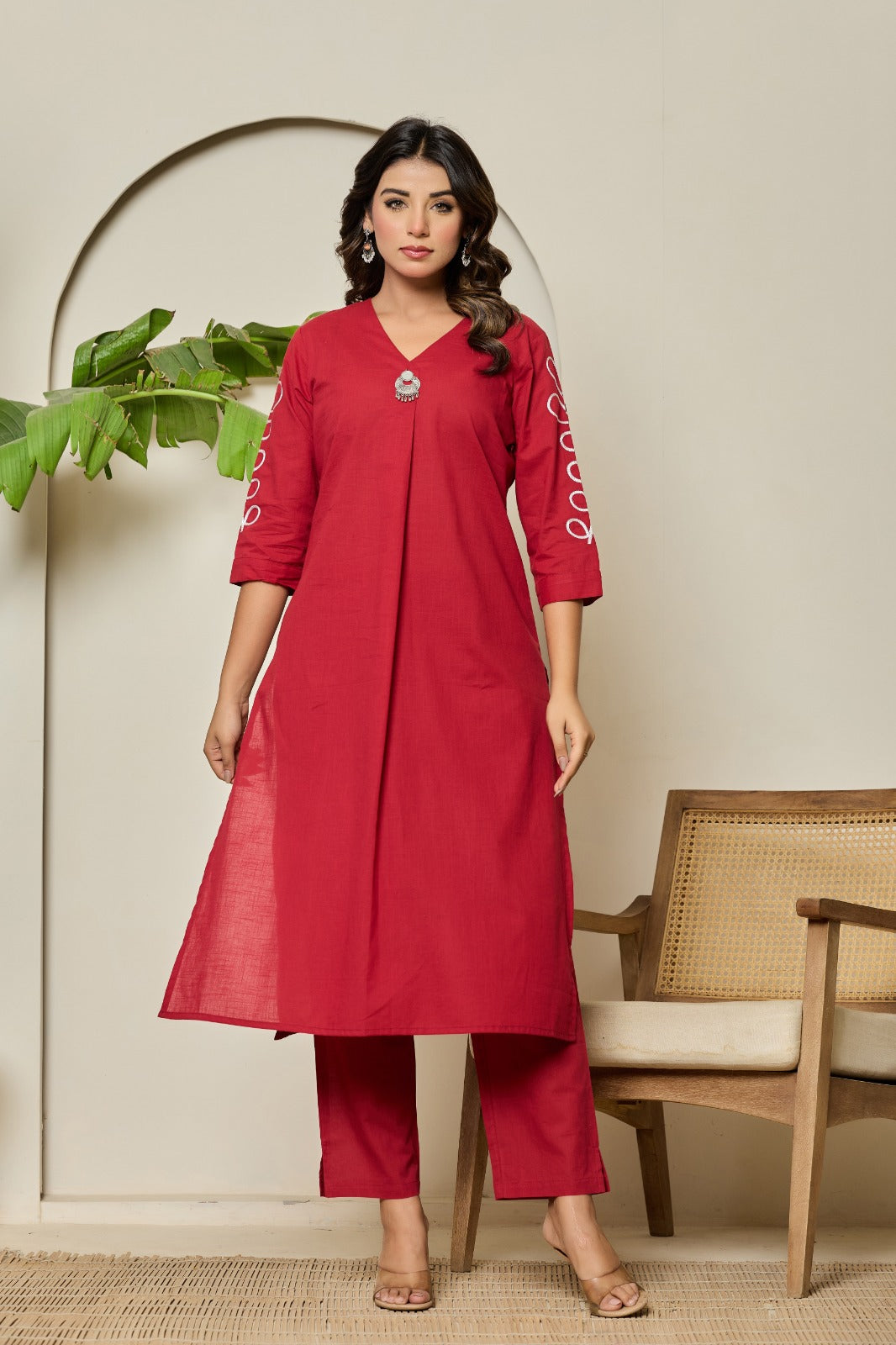 Pure cotton embroidered kurta pant in maroon