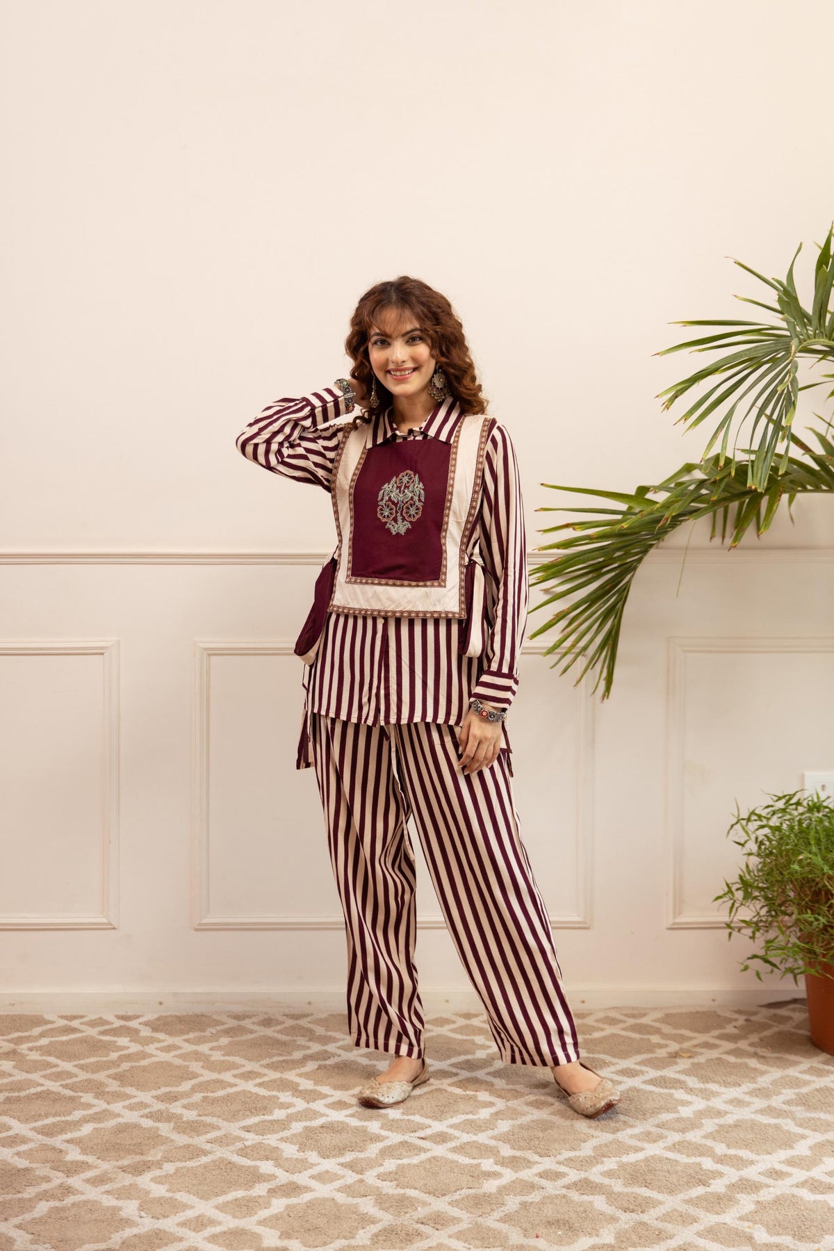 Smart heavy cotton rayon embroidered co ord in maroon