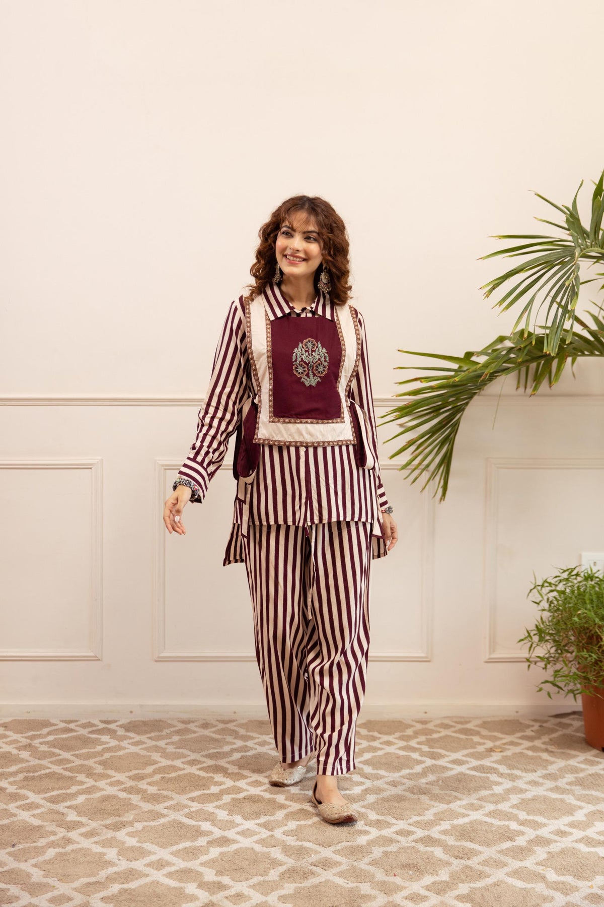 Smart heavy cotton rayon embroidered co ord in maroon
