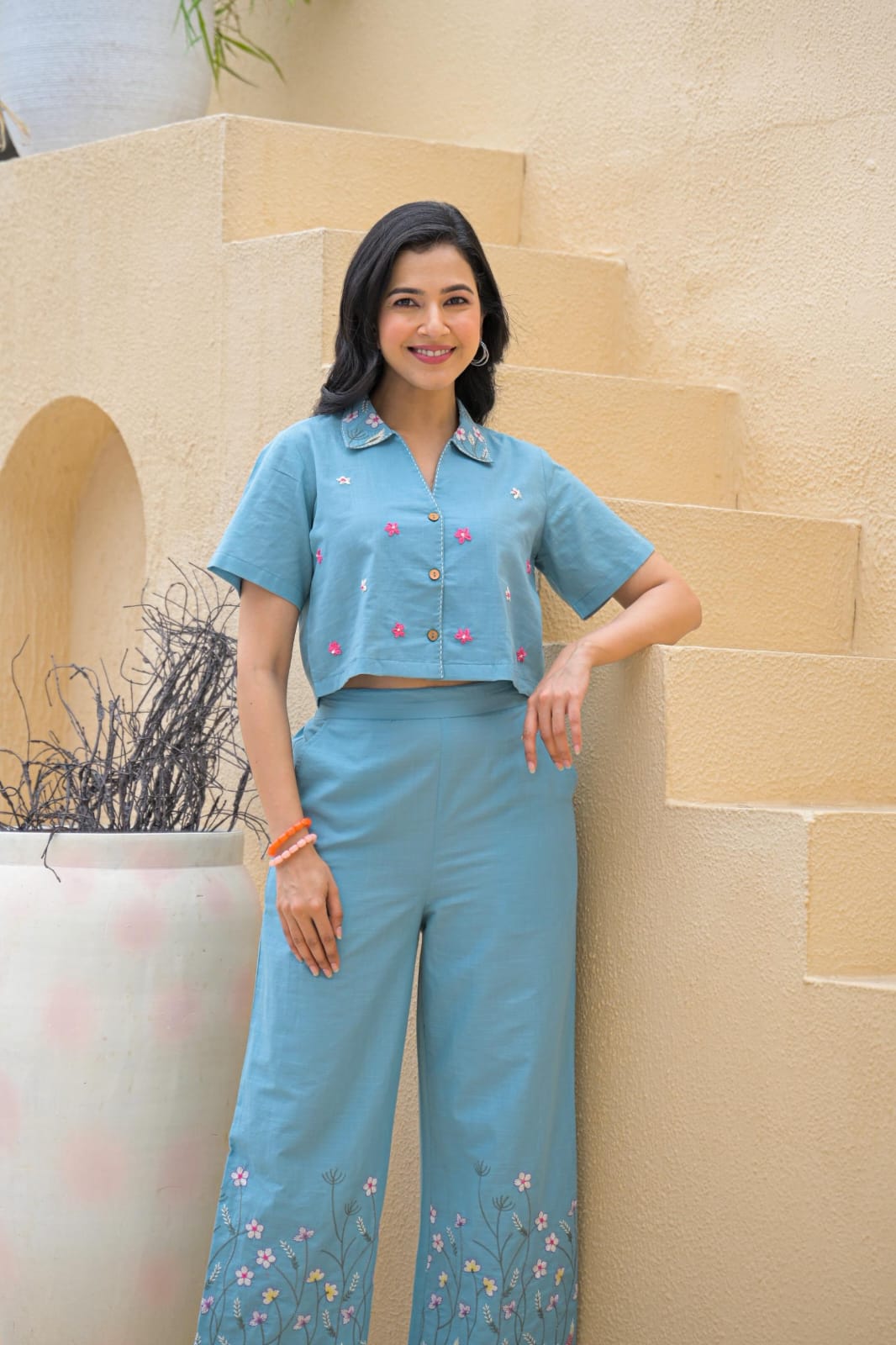Pretty cotton embroidered blue co ord set