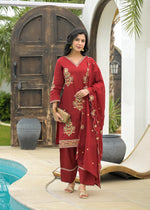 Embroidered Farsi salwar suit set in red colour