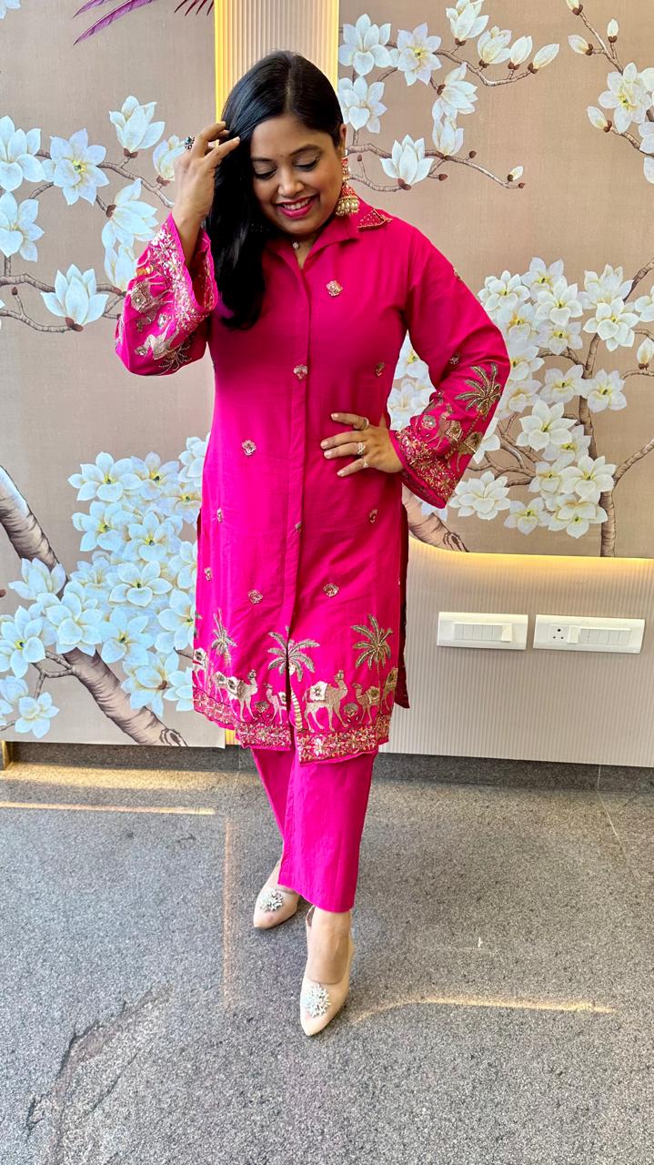 Super smart Rani pink embroidered co ord set