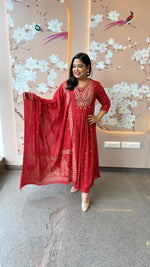 Wow Mul cotton Zari embroidery cotton suit set in red