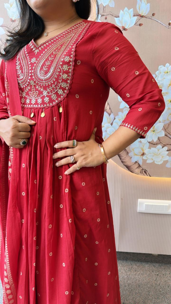 Wow Mul cotton Zari embroidery cotton suit set in red