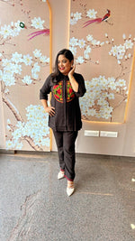 Imported fabric embroidered co ord set in black