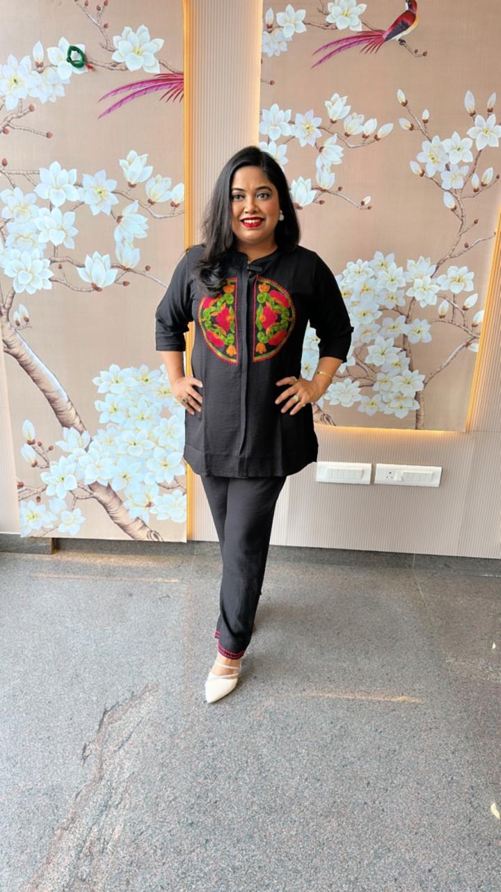 Imported fabric embroidered co ord set in black