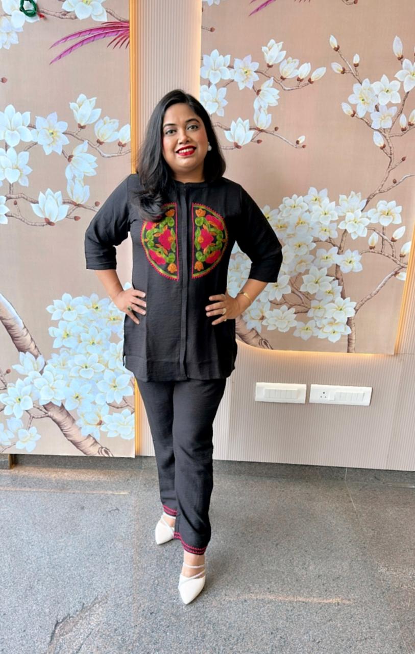 Imported fabric embroidered co ord set in black