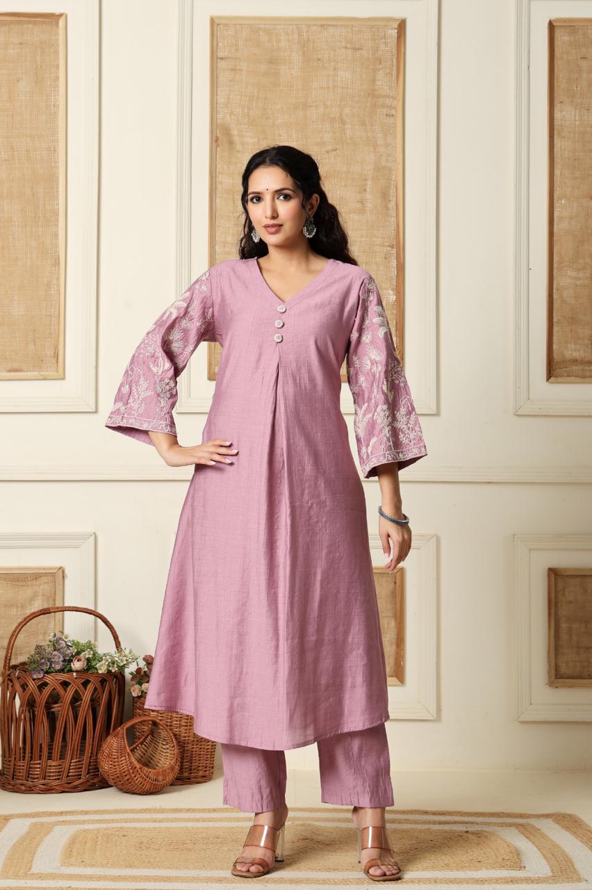 Gorgeous silk pink embroidered kurta pant
