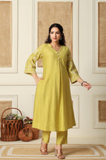 Gorgeous silk pink embroidered kurta pant in yellow
