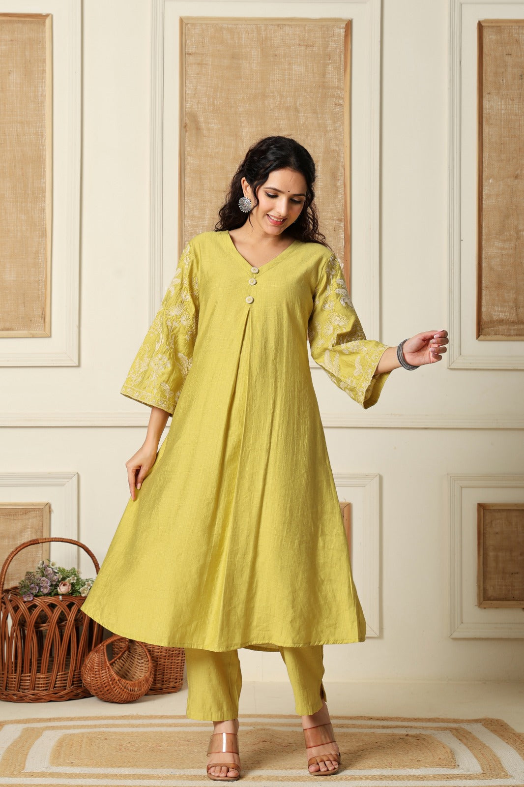 Gorgeous silk pink embroidered kurta pant in yellow