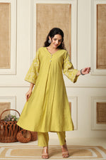 Gorgeous silk pink embroidered kurta pant in yellow