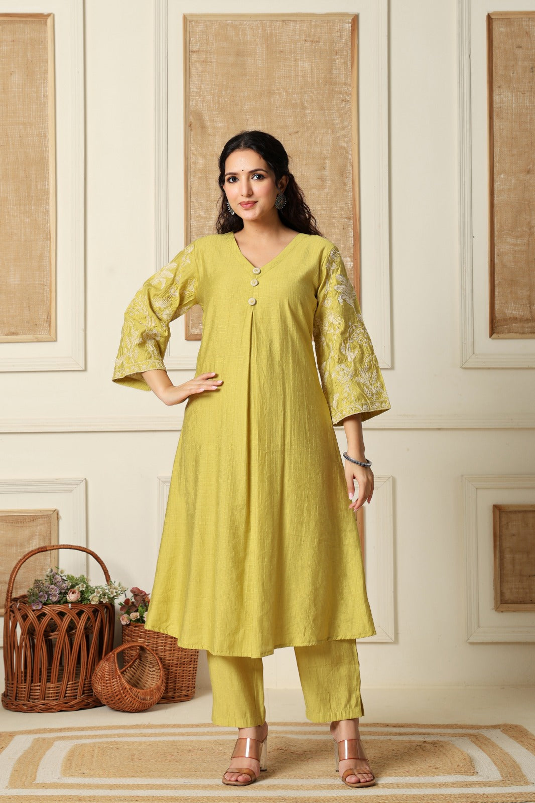 Gorgeous silk pink embroidered kurta pant in yellow