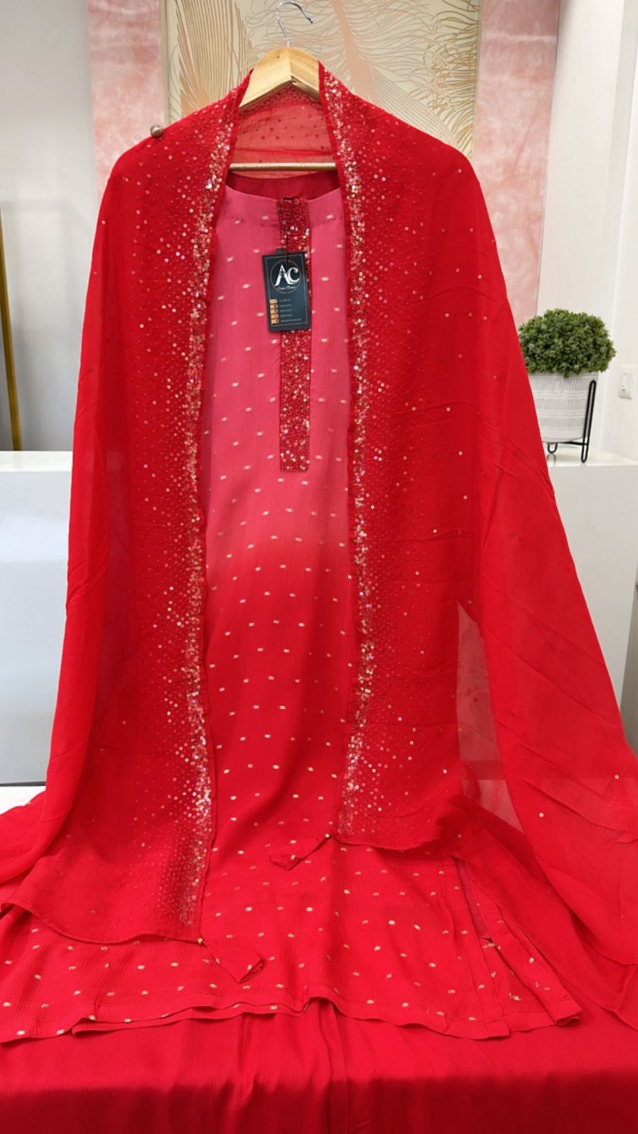 Heavy chinon with full gold Zari weaving suit paired with crepe embellished dupatta