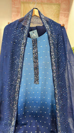 Heavy chinon with full gold Zari weaving suit paired with crepe embellished dupatta in blue