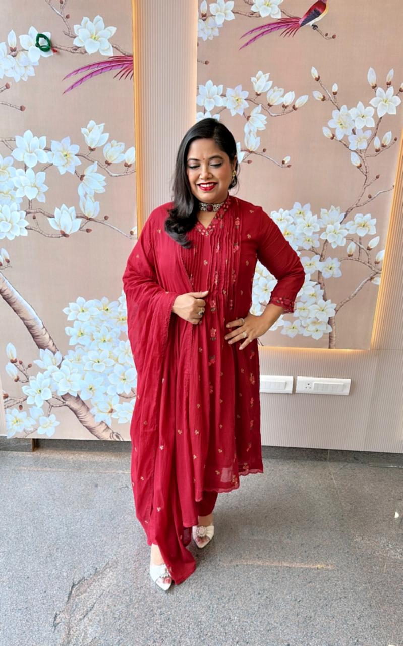 Restocked !! Super pretty Mul cotton embroidered full suit !!