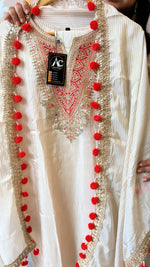 Super smart shimmer tissue suit with Pom Pom lace detailing in red (advisable to go for a size up )