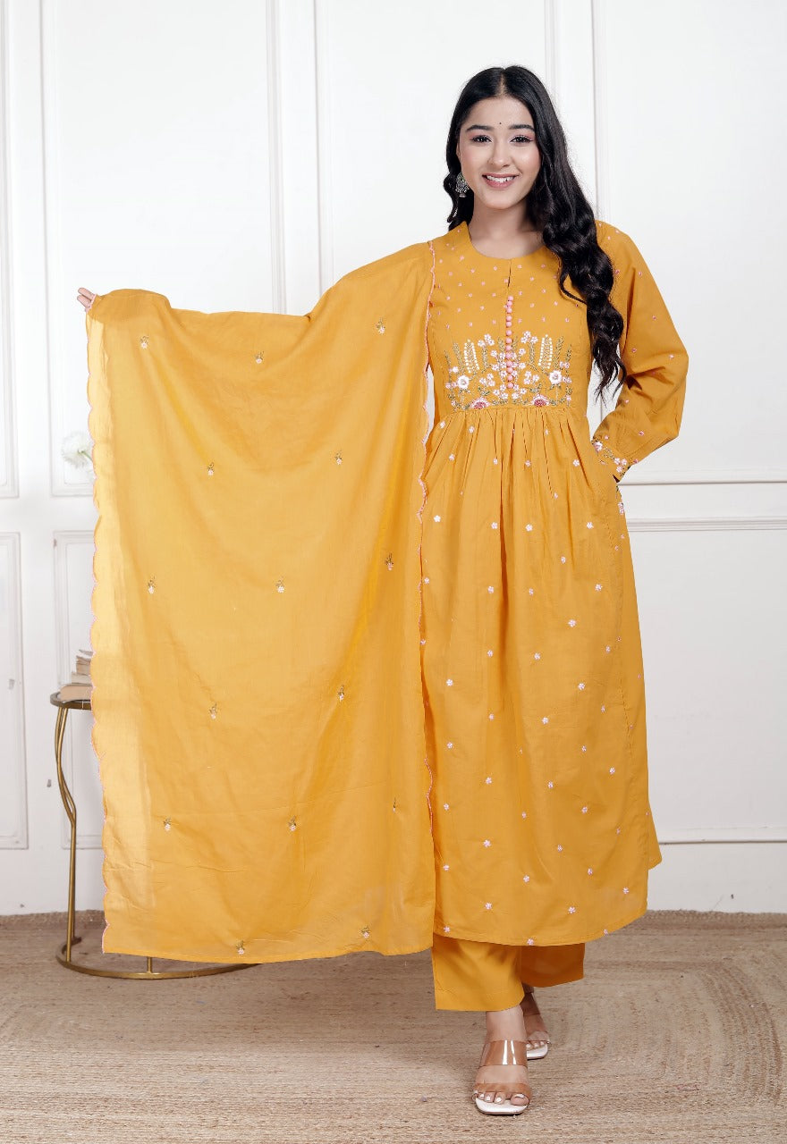 Designer pocket fully embroidered cotton suit set
