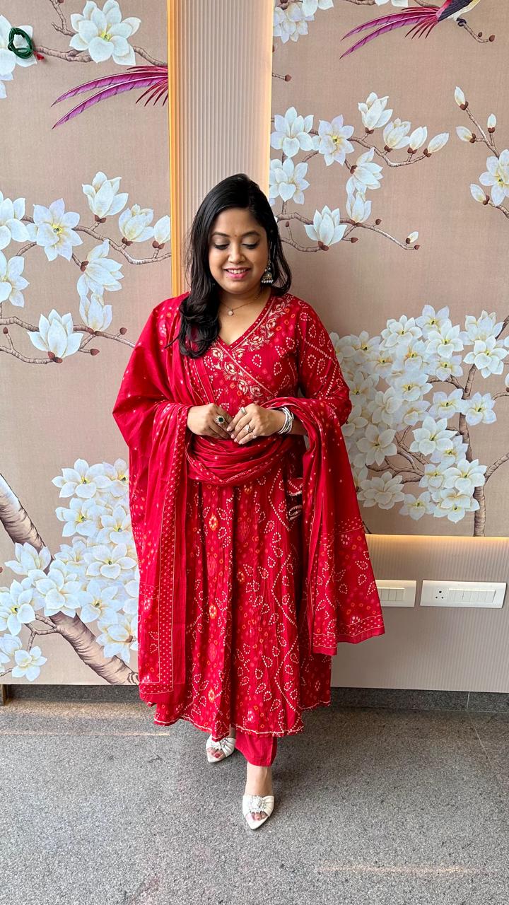 Restocked !! Bandhani Angrakha cotton suit set !!